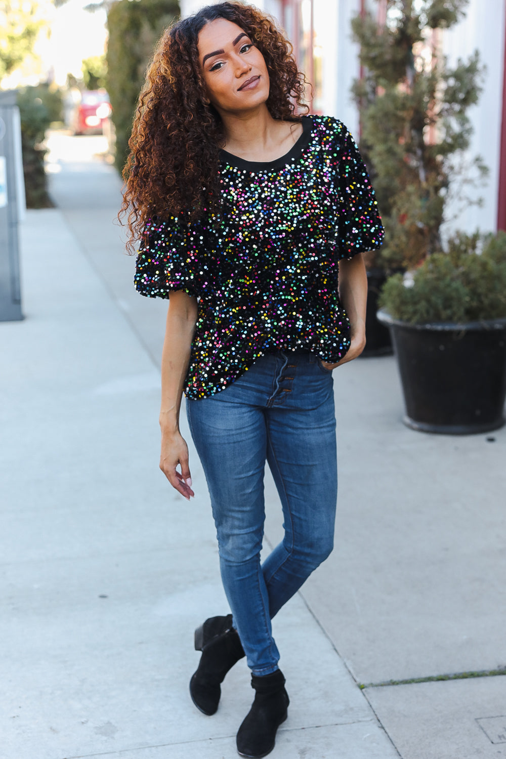 Black Velvet Multicolor Sequin Puff Sleeve Top