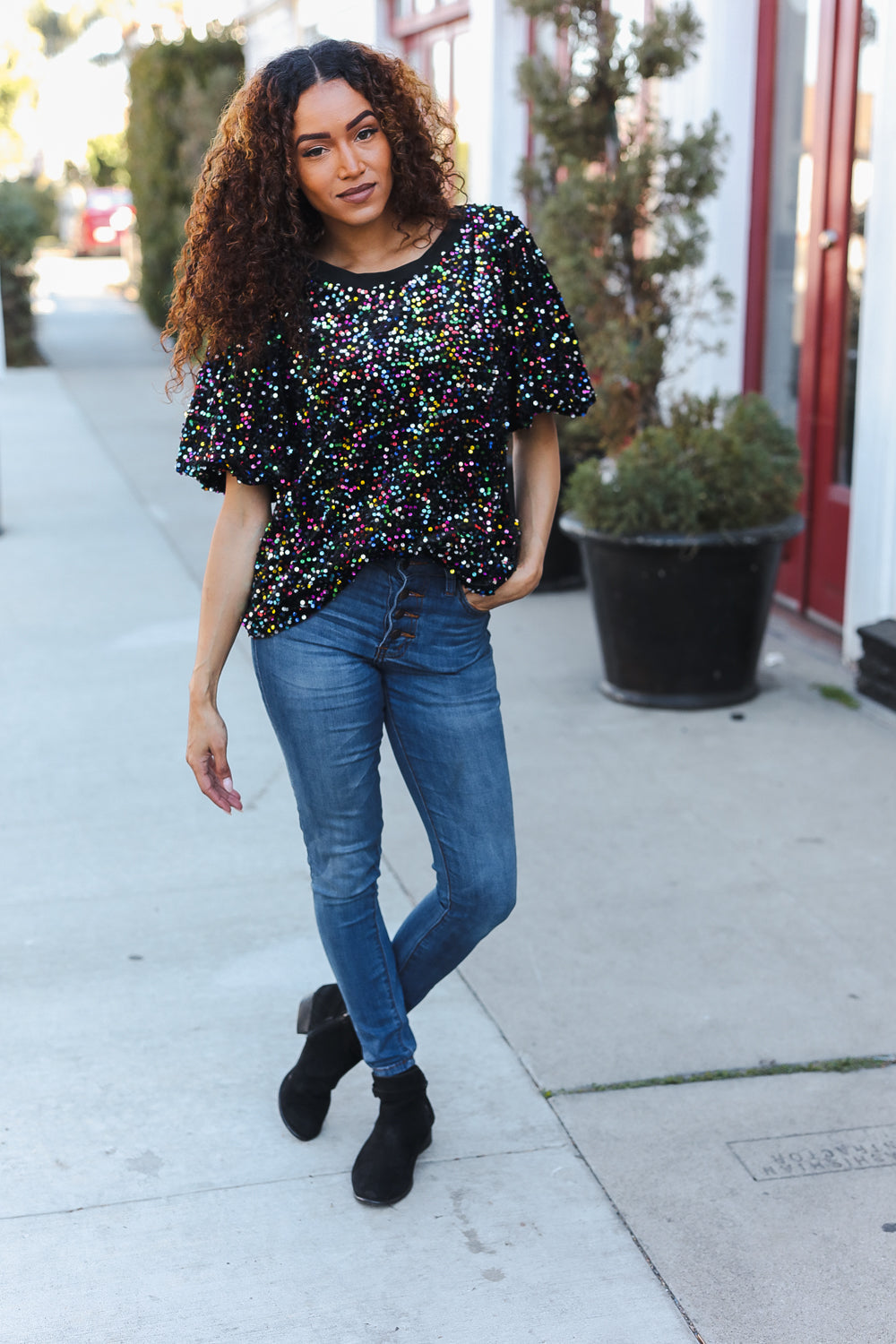 Black Velvet Multicolor Sequin Puff Sleeve Top