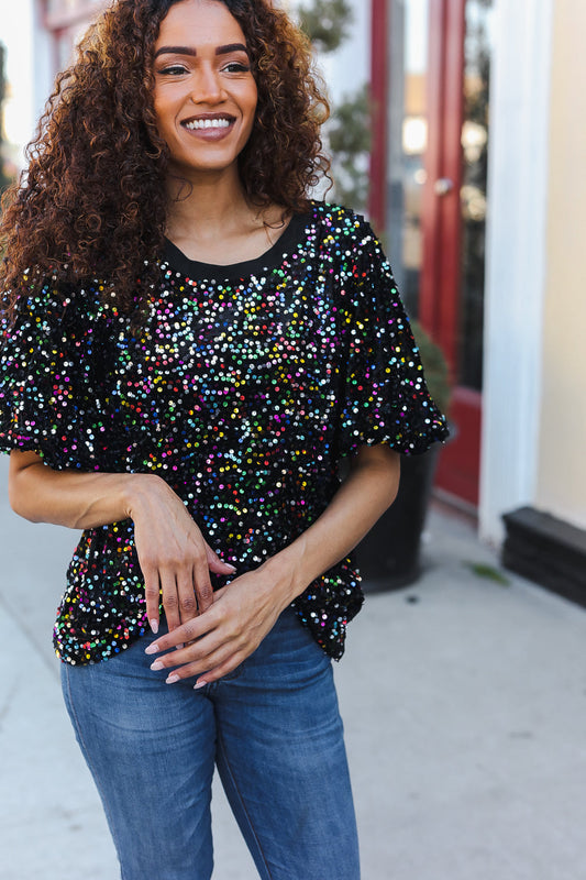 Black Velvet Multicolor Sequin Puff Sleeve Top