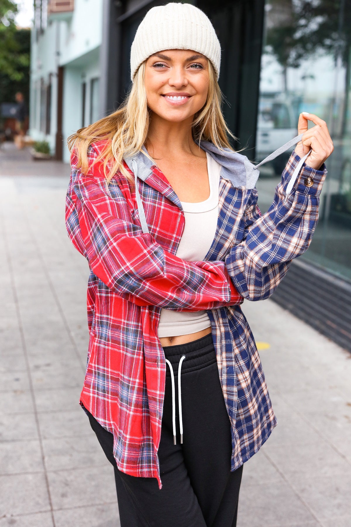 Haptics Red & Navy Plaid Color Block Button Down Hoodie