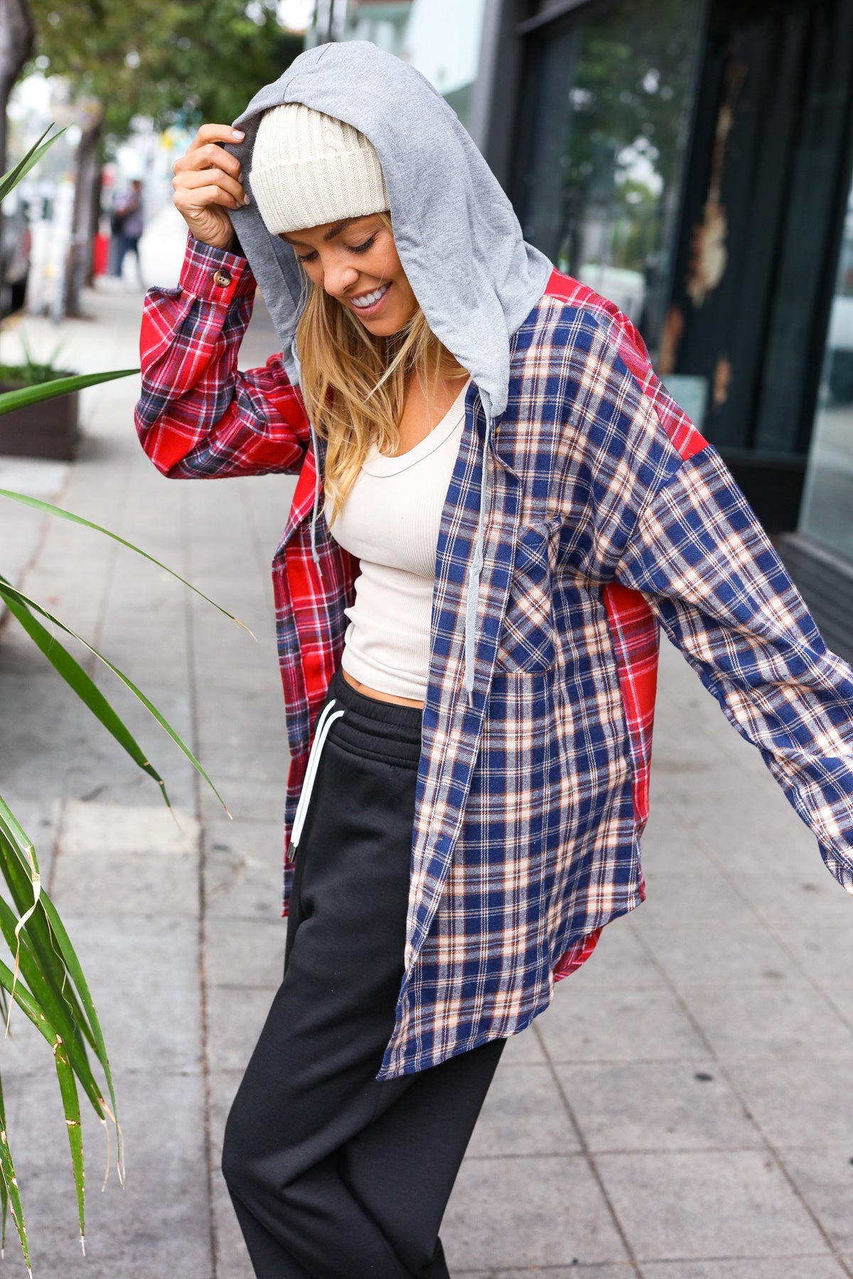 Haptics Red & Navy Plaid Color Block Button Down Hoodie