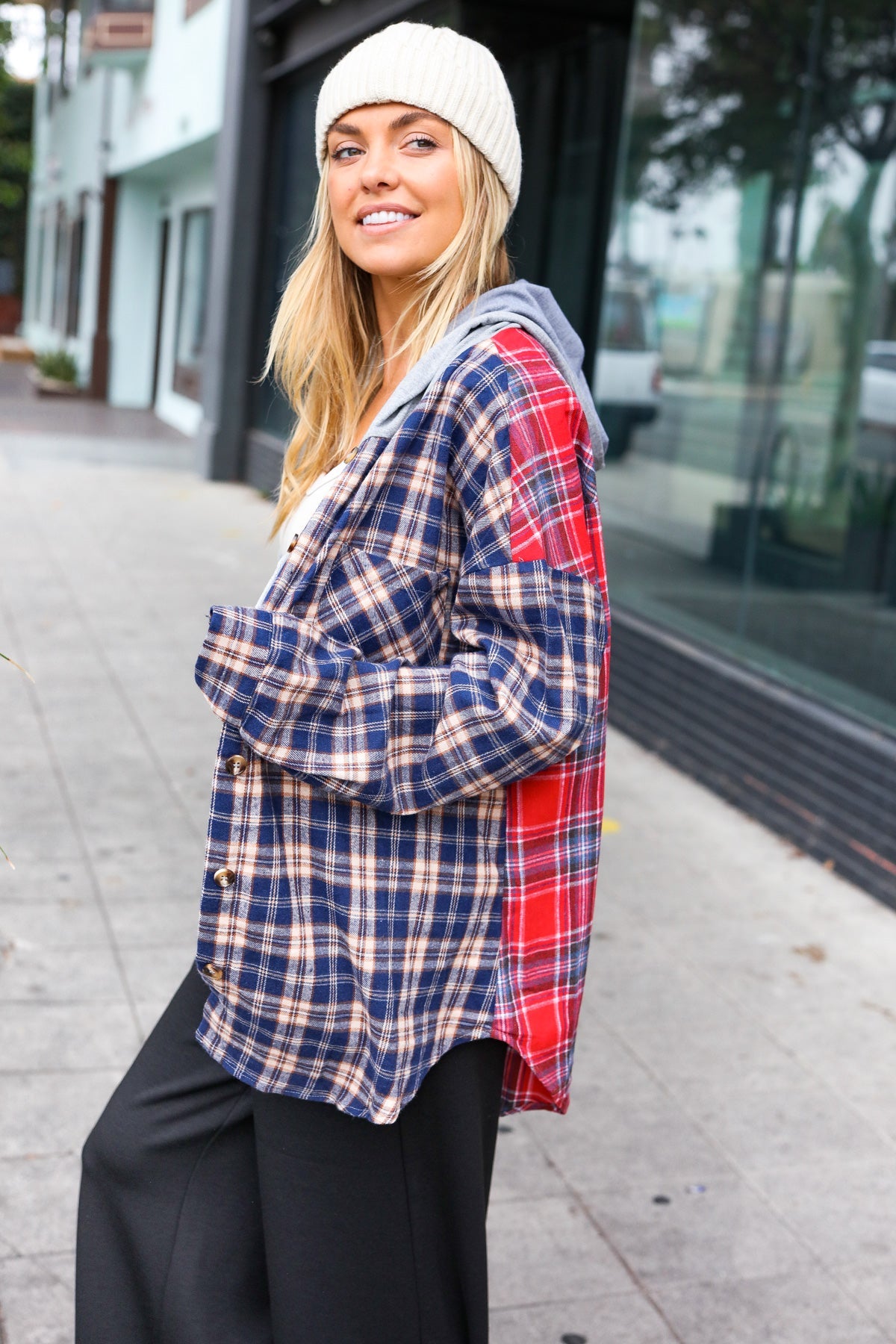 Haptics Red & Navy Plaid Color Block Button Down Hoodie