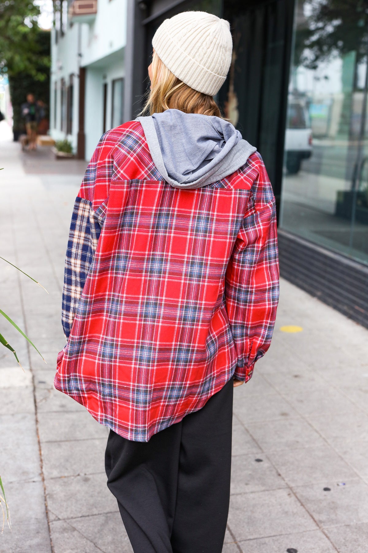 Haptics Red & Navy Plaid Color Block Button Down Hoodie