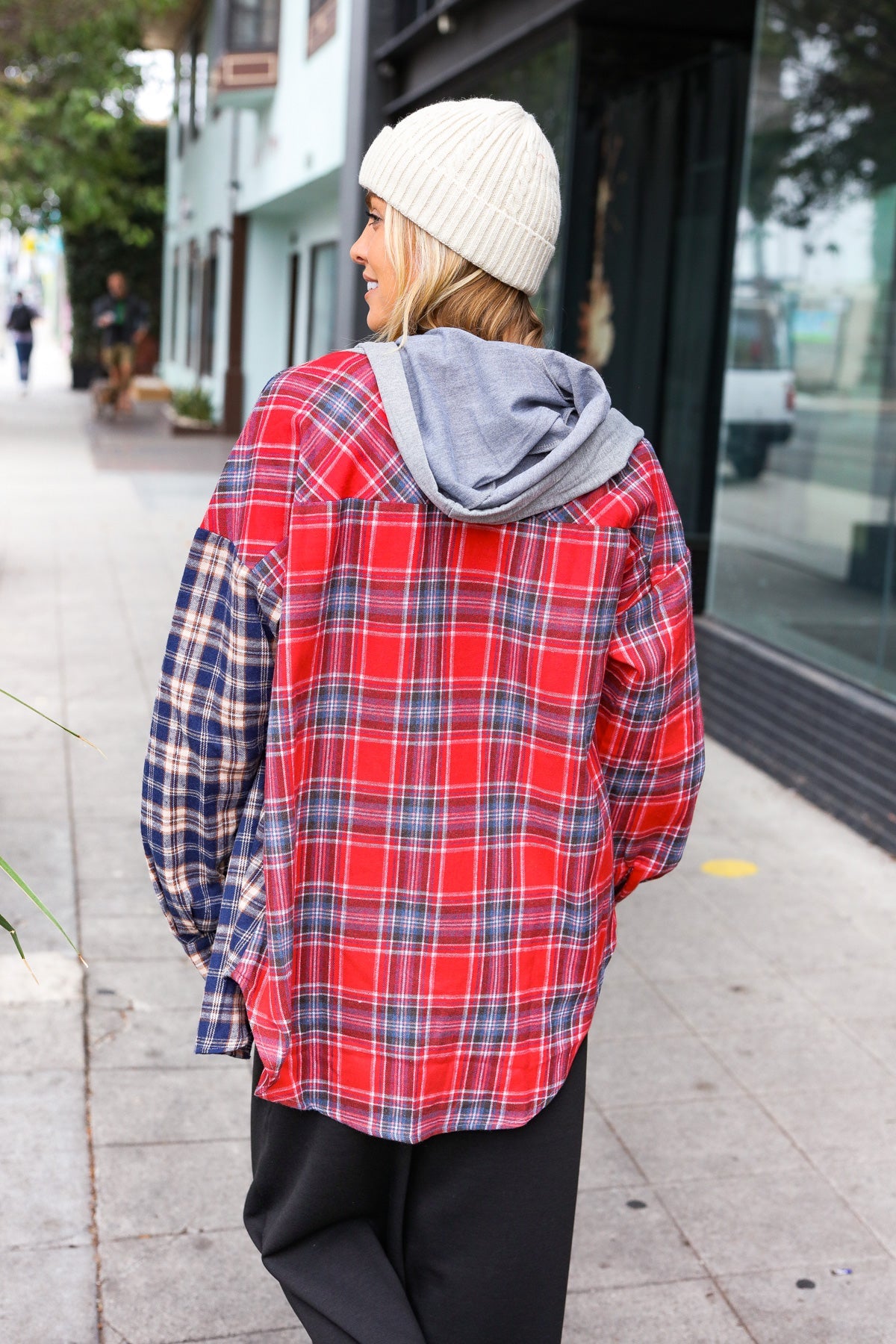 Haptics Red & Navy Plaid Color Block Button Down Hoodie