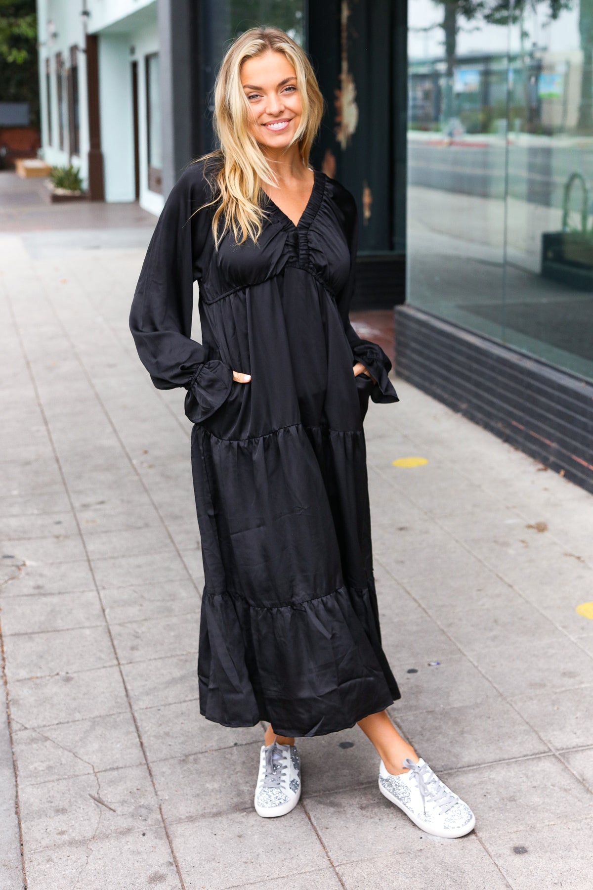 Haptics Black Elastic V Neck Tiered Satin Maxi Dress