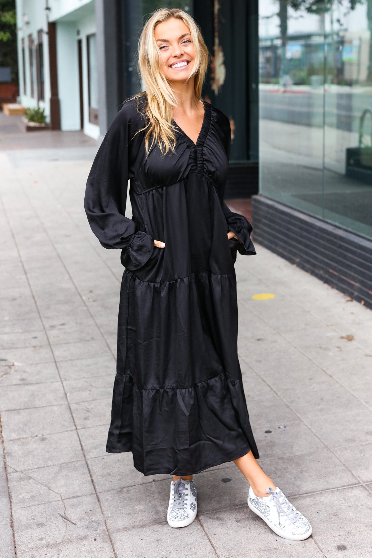 Haptics Black Elastic V Neck Tiered Satin Maxi Dress