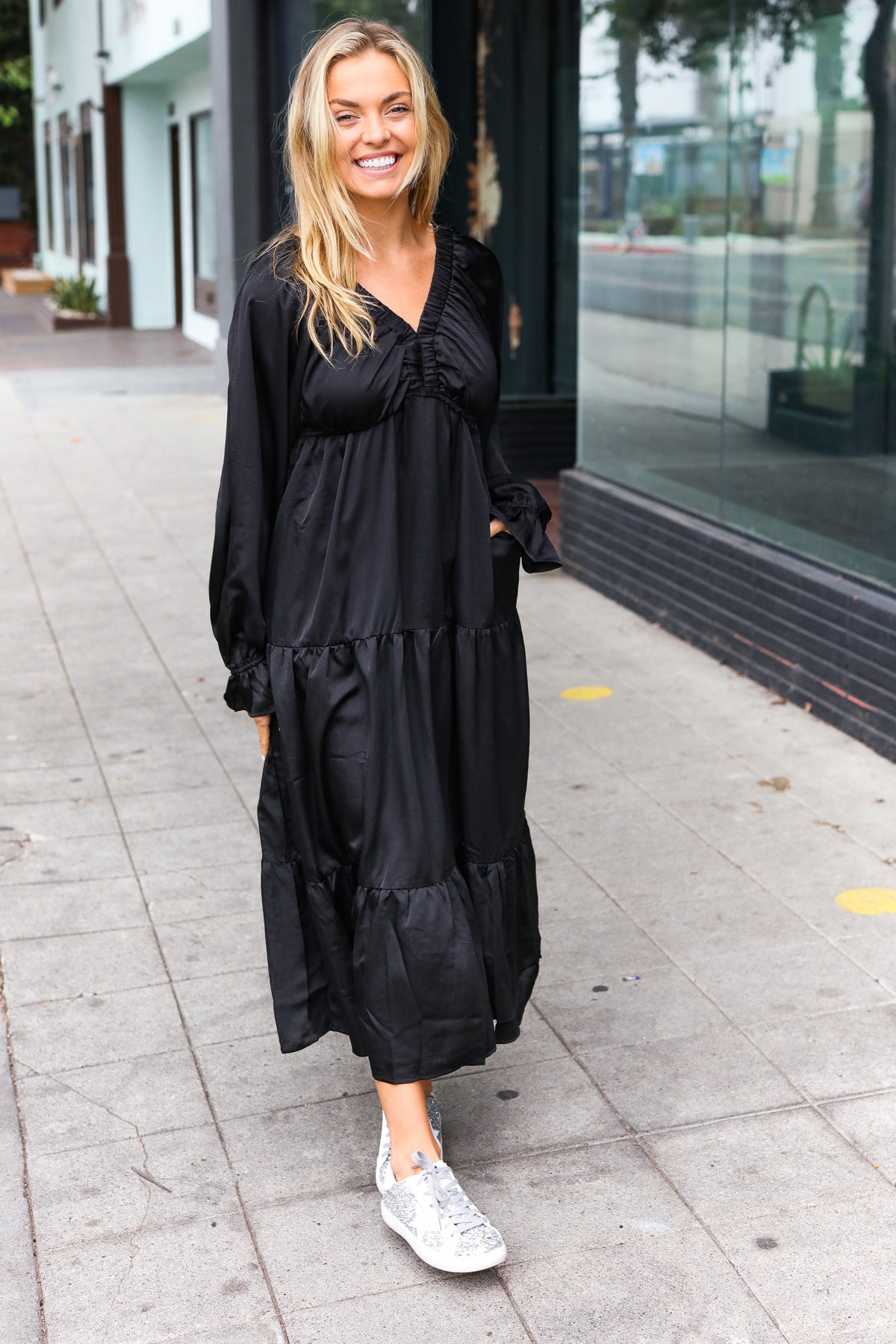 Haptics Black Elastic V Neck Tiered Satin Maxi Dress