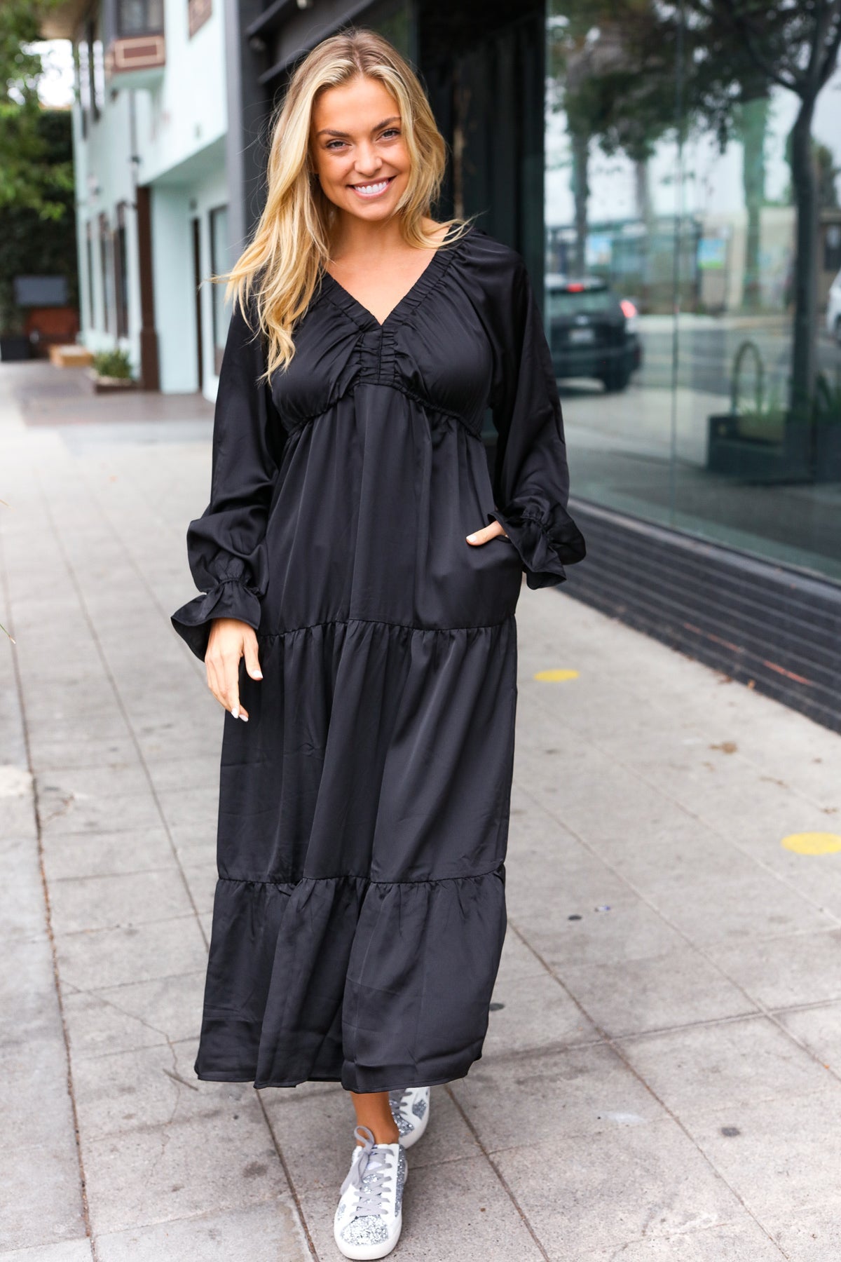 Haptics Black Elastic V Neck Tiered Satin Maxi Dress