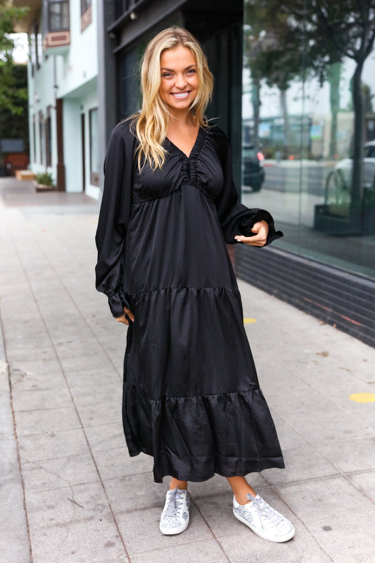 Haptics Black Elastic V Neck Tiered Satin Maxi Dress