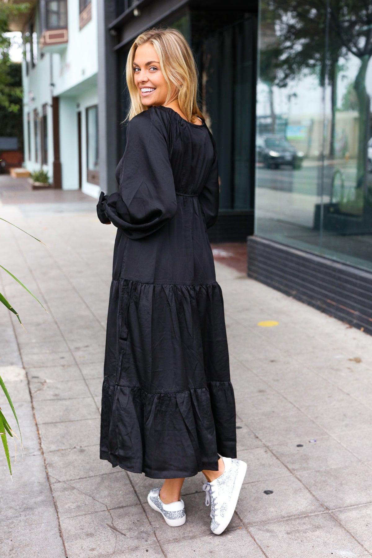 Haptics Black Elastic V Neck Tiered Satin Maxi Dress