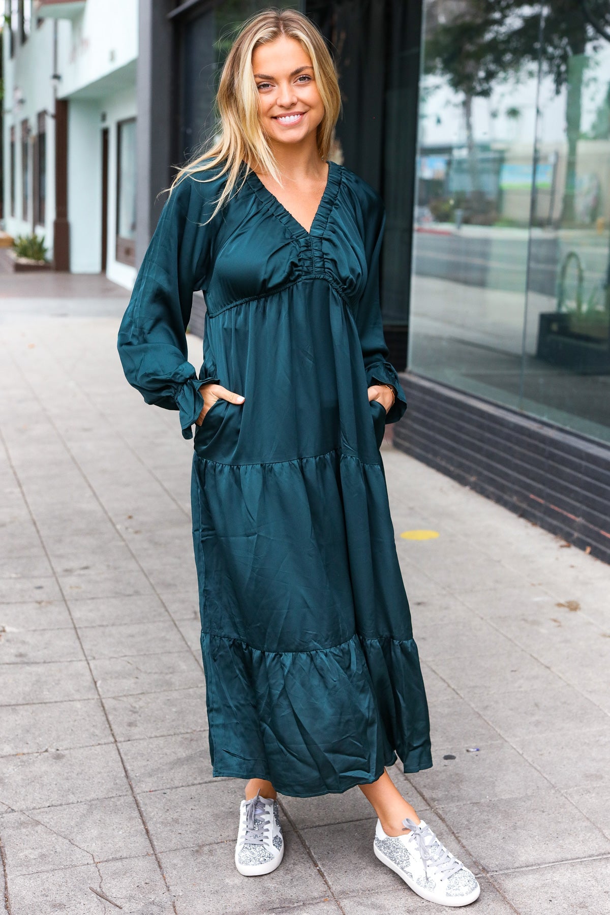 Haptics Hunter Green Elastic V Neck Tiered Satin Maxi Dress