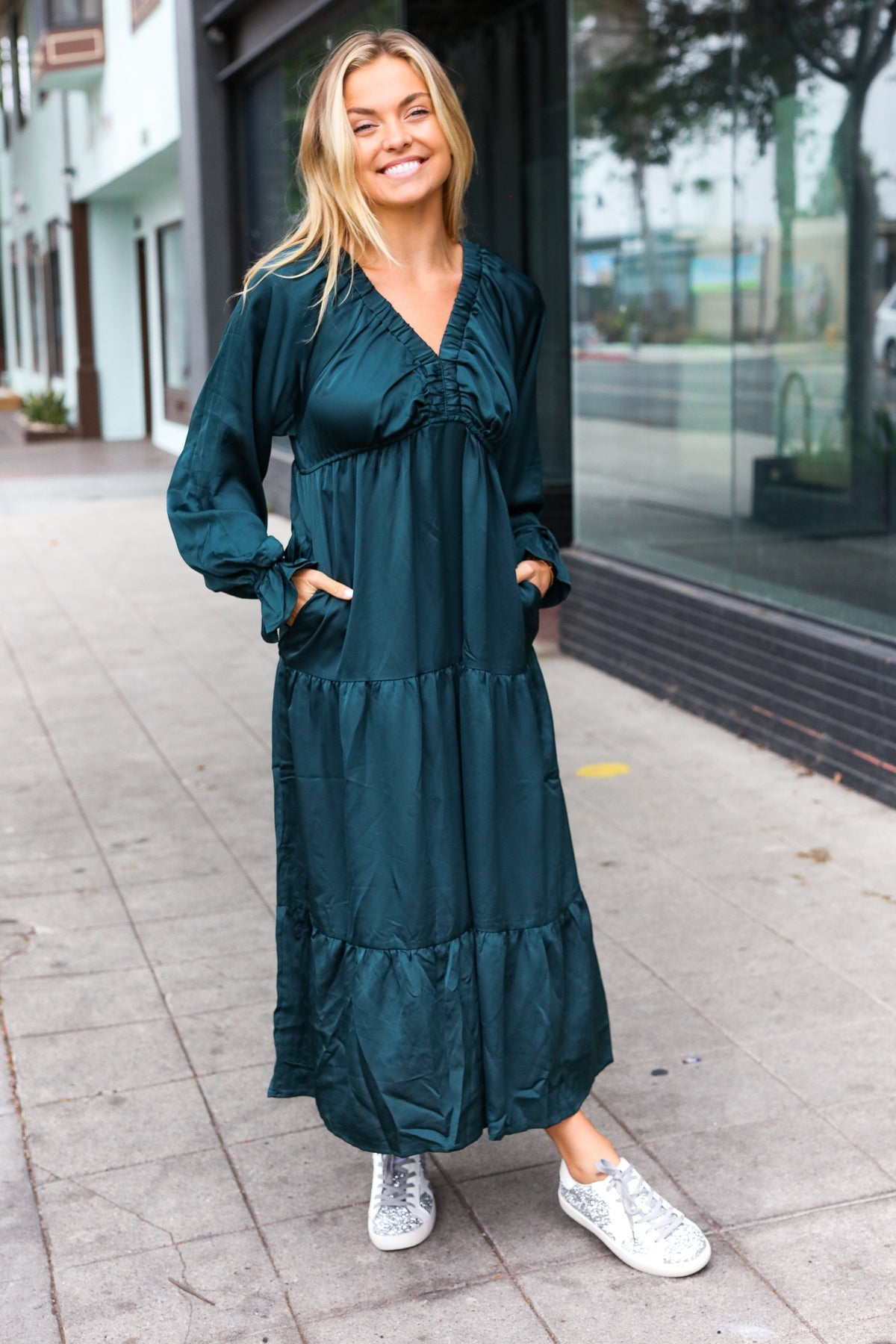 Haptics Hunter Green Elastic V Neck Tiered Satin Maxi Dress