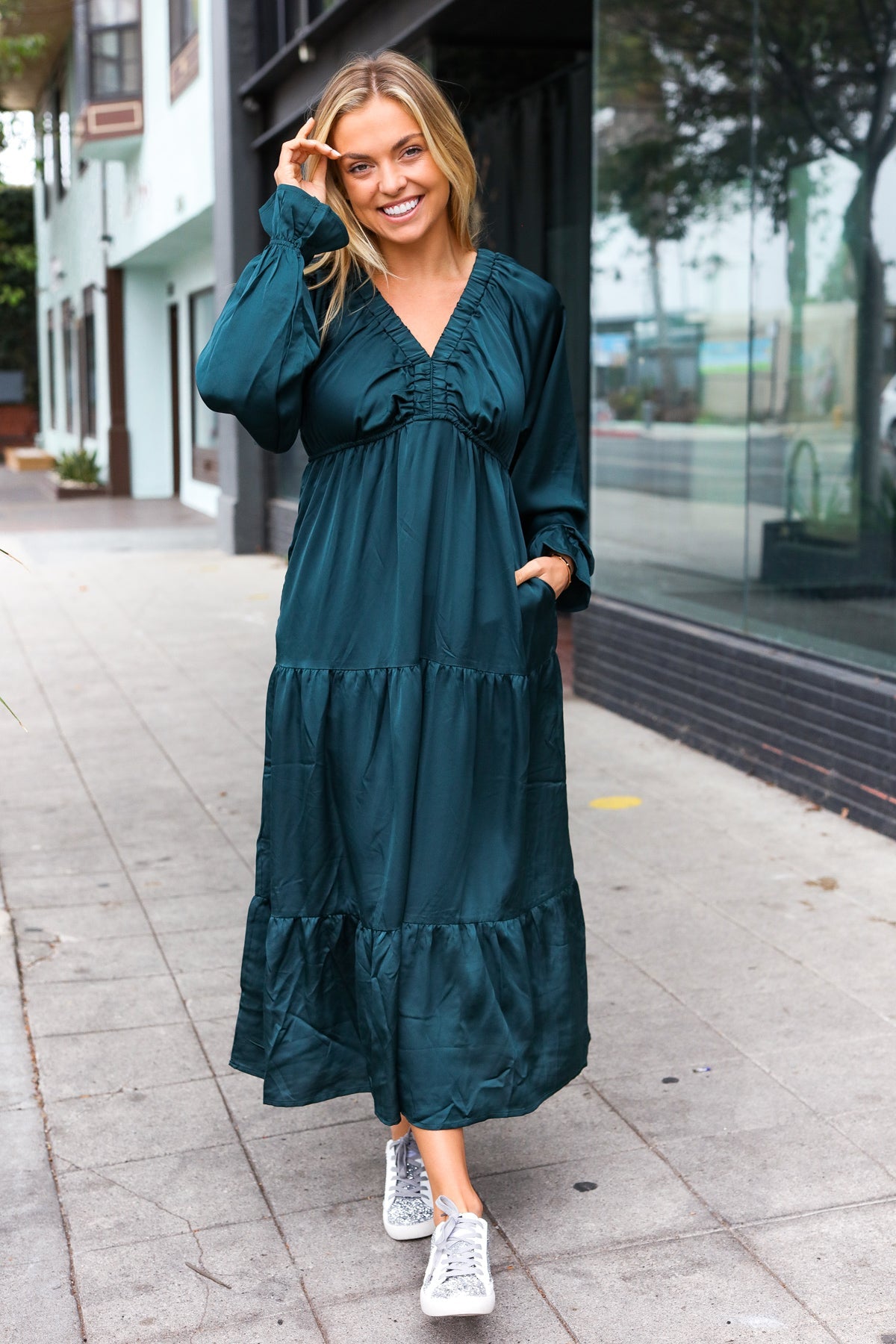 Haptics Hunter Green Elastic V Neck Tiered Satin Maxi Dress