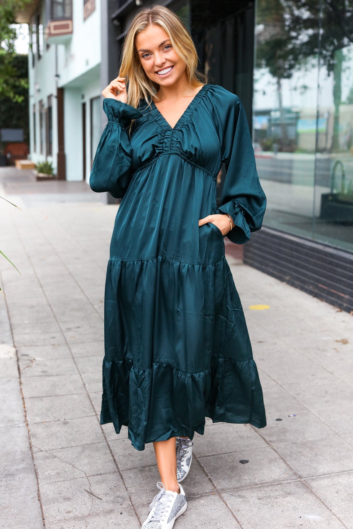 Haptics Hunter Green Elastic V Neck Tiered Satin Maxi Dress