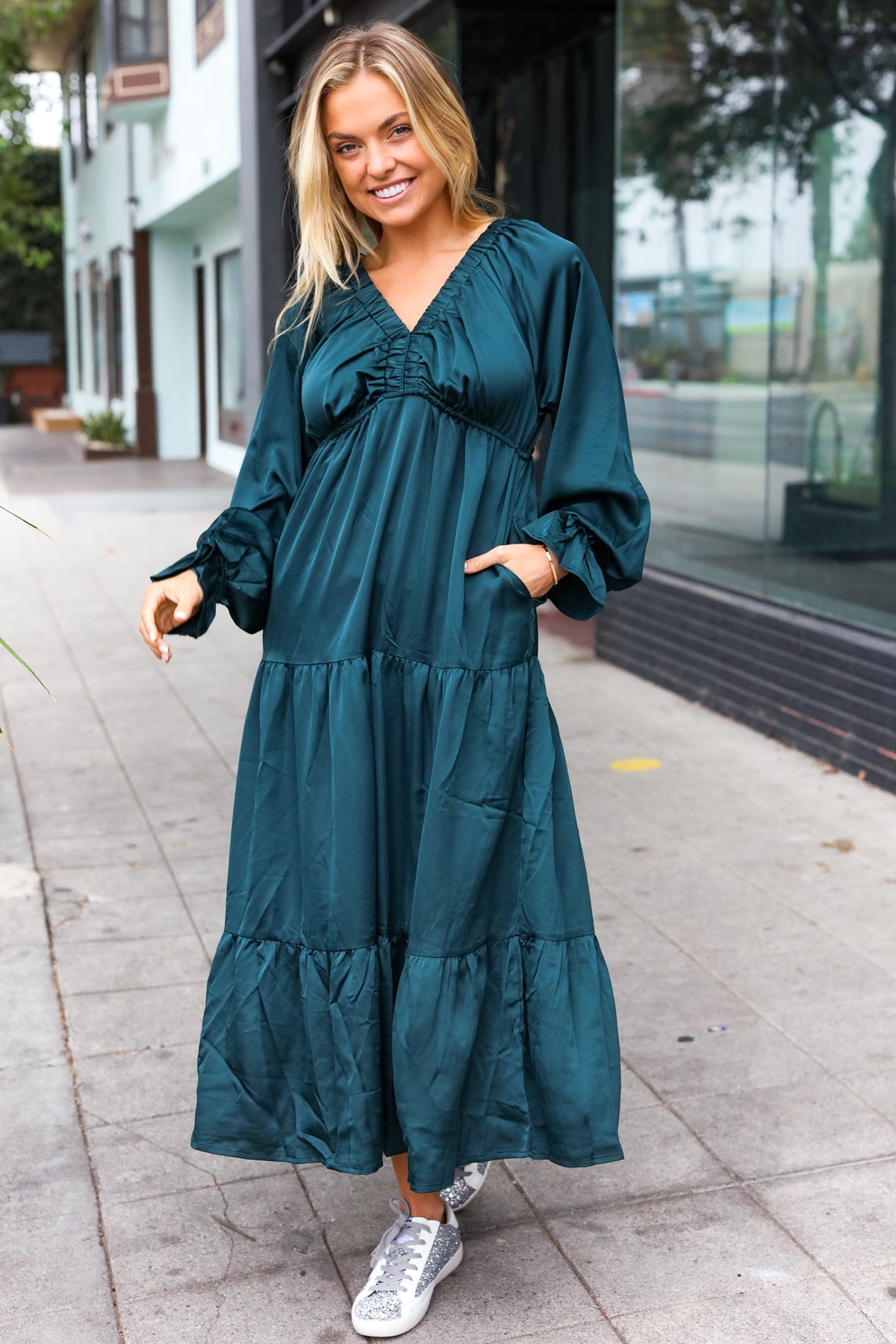 Haptics Hunter Green Elastic V Neck Tiered Satin Maxi Dress