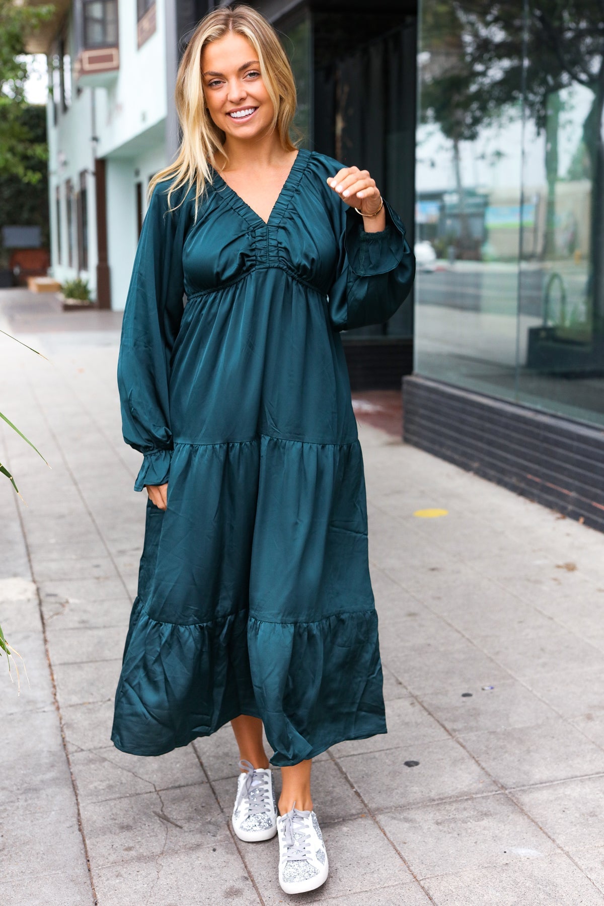 Haptics Hunter Green Elastic V Neck Tiered Satin Maxi Dress