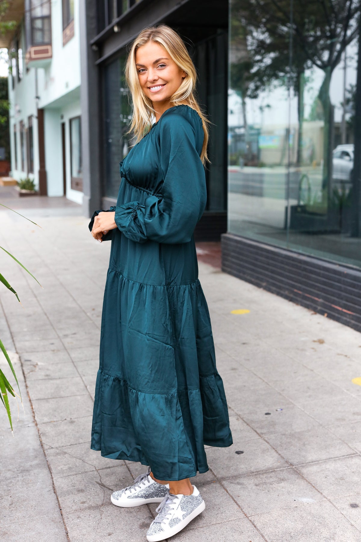 Haptics Hunter Green Elastic V Neck Tiered Satin Maxi Dress