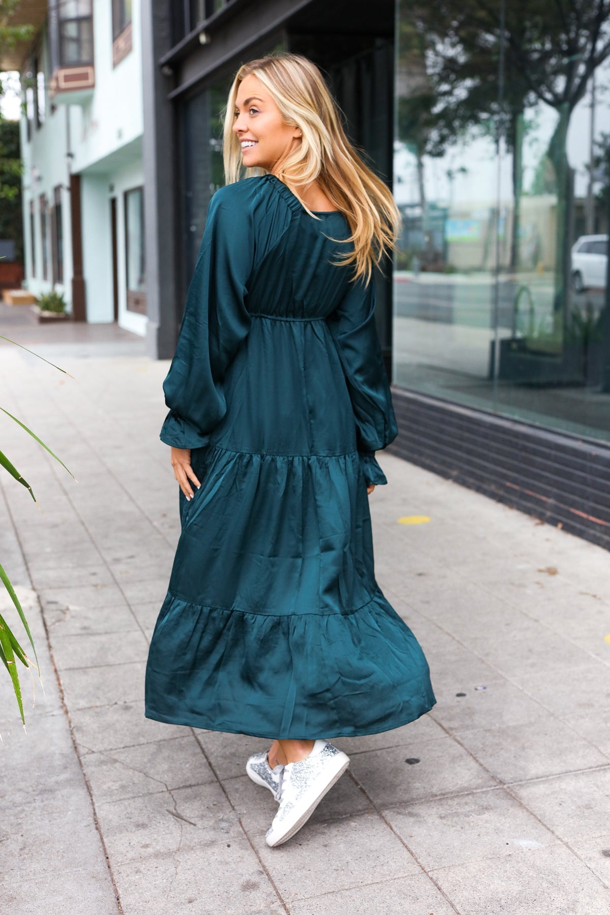 Haptics Hunter Green Elastic V Neck Tiered Satin Maxi Dress