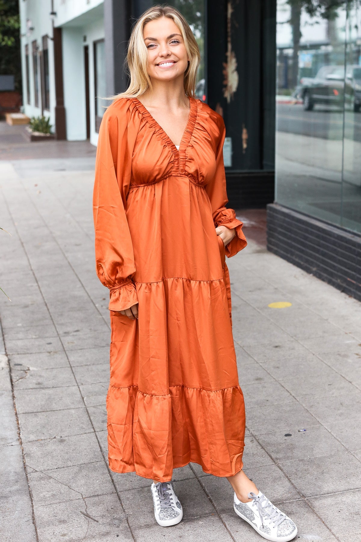 Haptics Rust Elastic V Neck Tiered Satin Maxi Dress