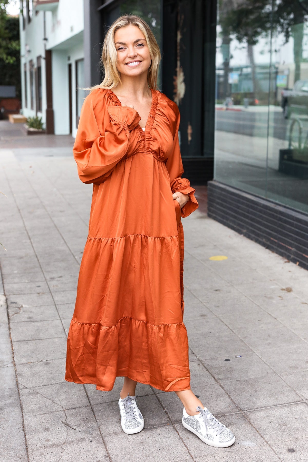 Haptics Rust Elastic V Neck Tiered Satin Maxi Dress