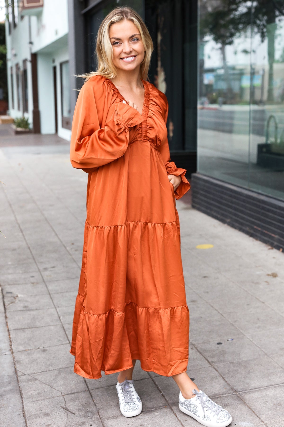 Haptics Rust Elastic V Neck Tiered Satin Maxi Dress