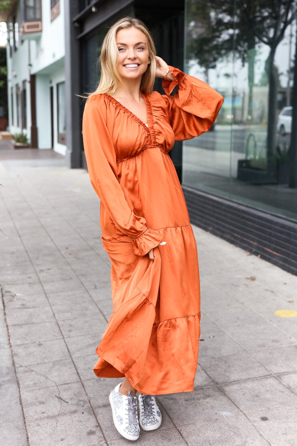 Haptics Rust Elastic V Neck Tiered Satin Maxi Dress