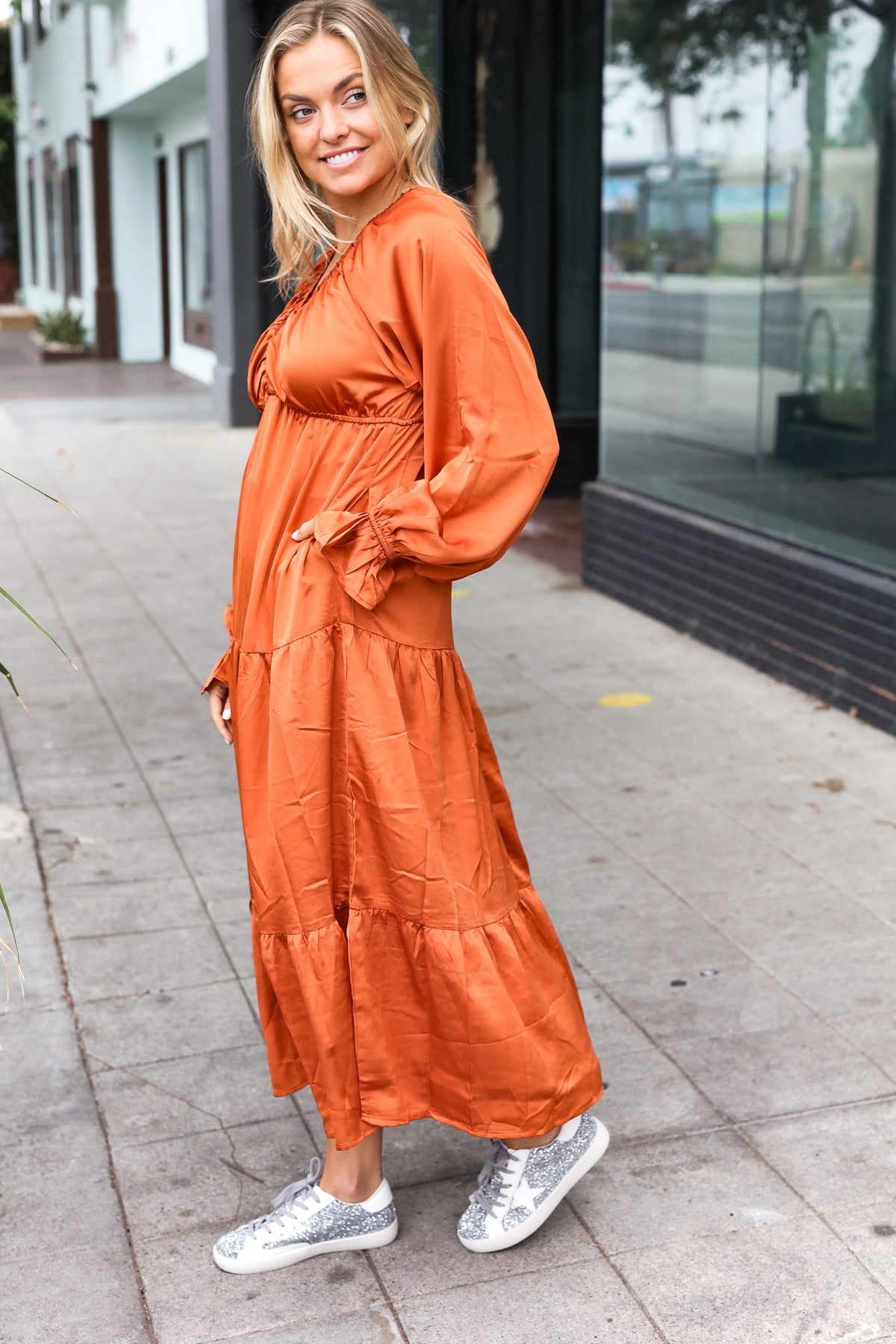 Haptics Rust Elastic V Neck Tiered Satin Maxi Dress