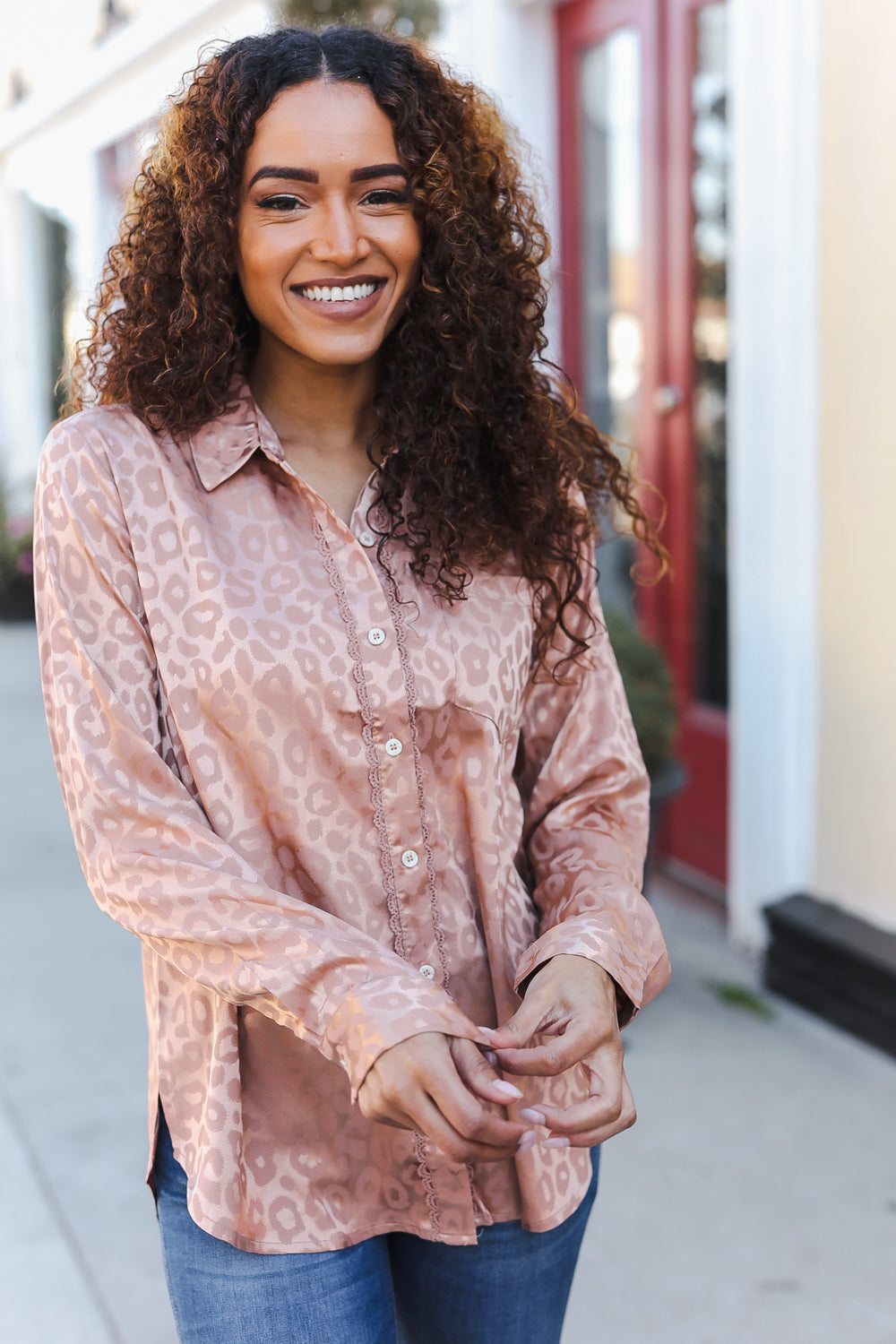 Neude Animal Print Button Down Lace Shirt Top