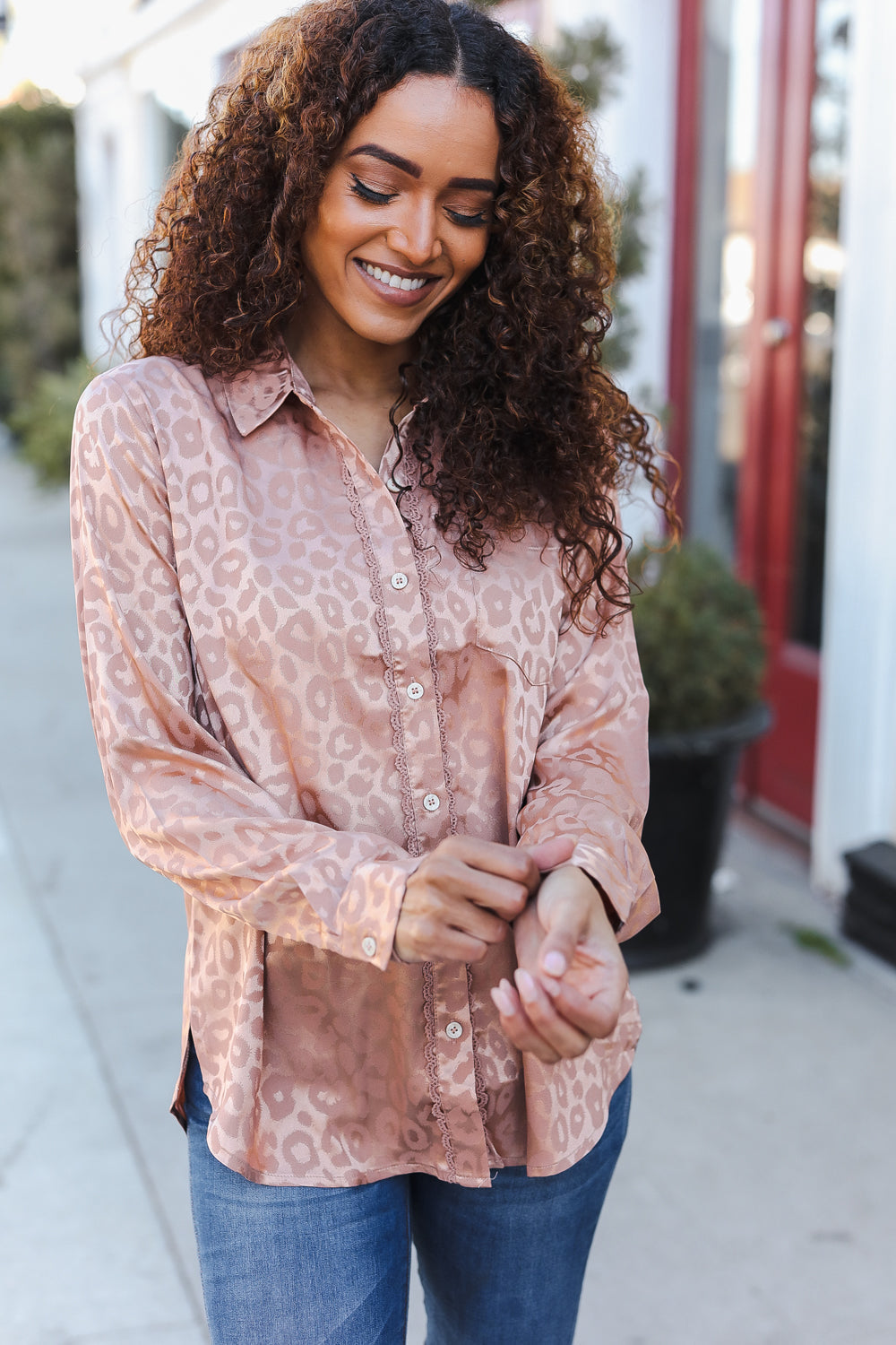 Neude Animal Print Button Down Lace Shirt Top