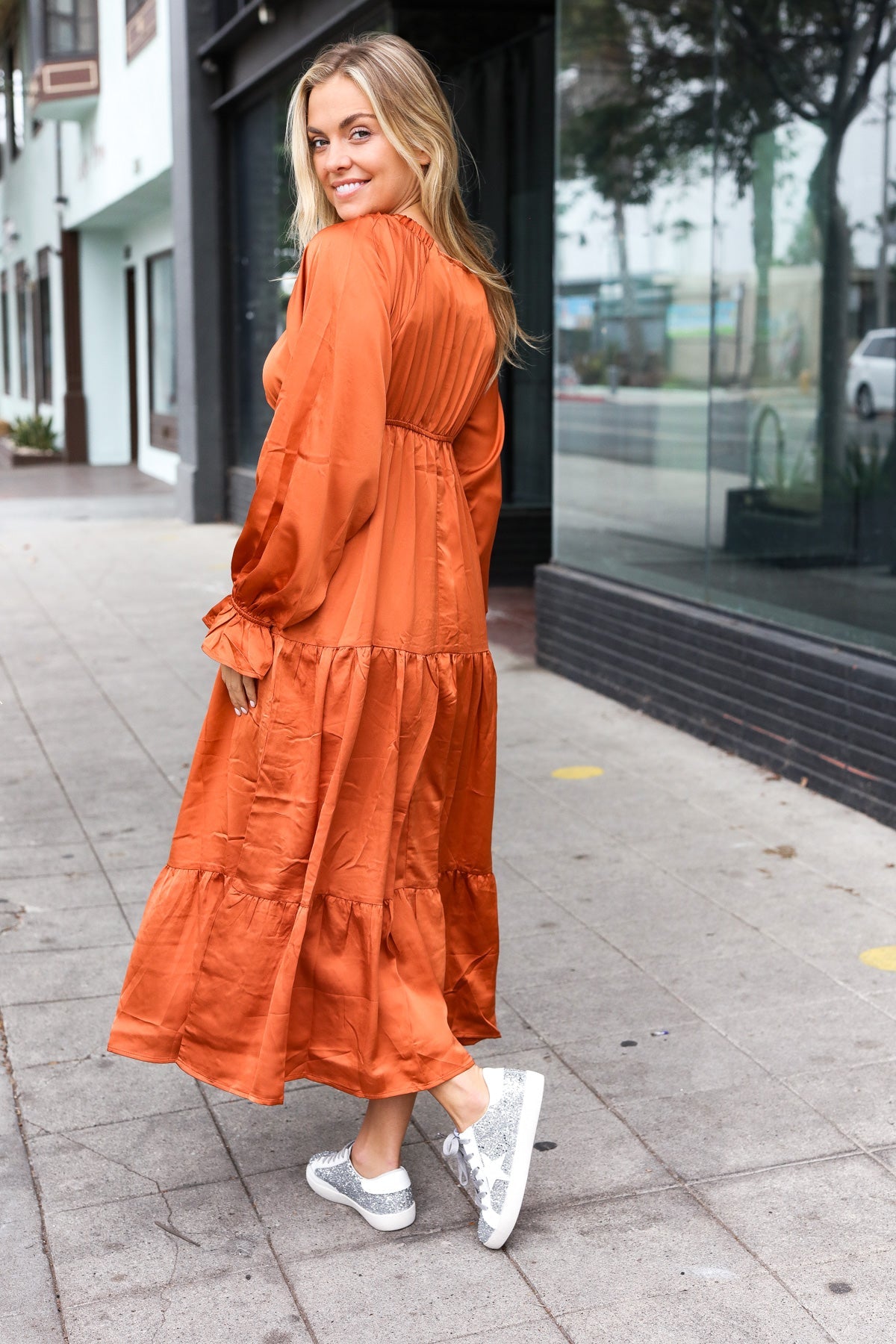 Haptics Rust Elastic V Neck Tiered Satin Maxi Dress