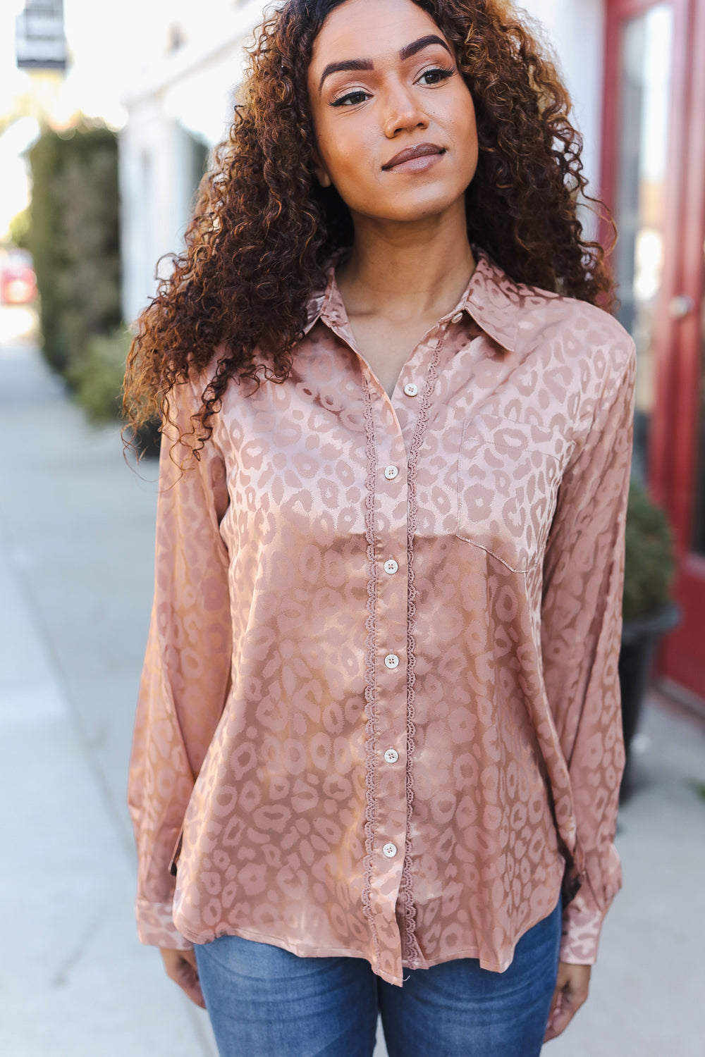 Neude Animal Print Button Down Lace Shirt Top