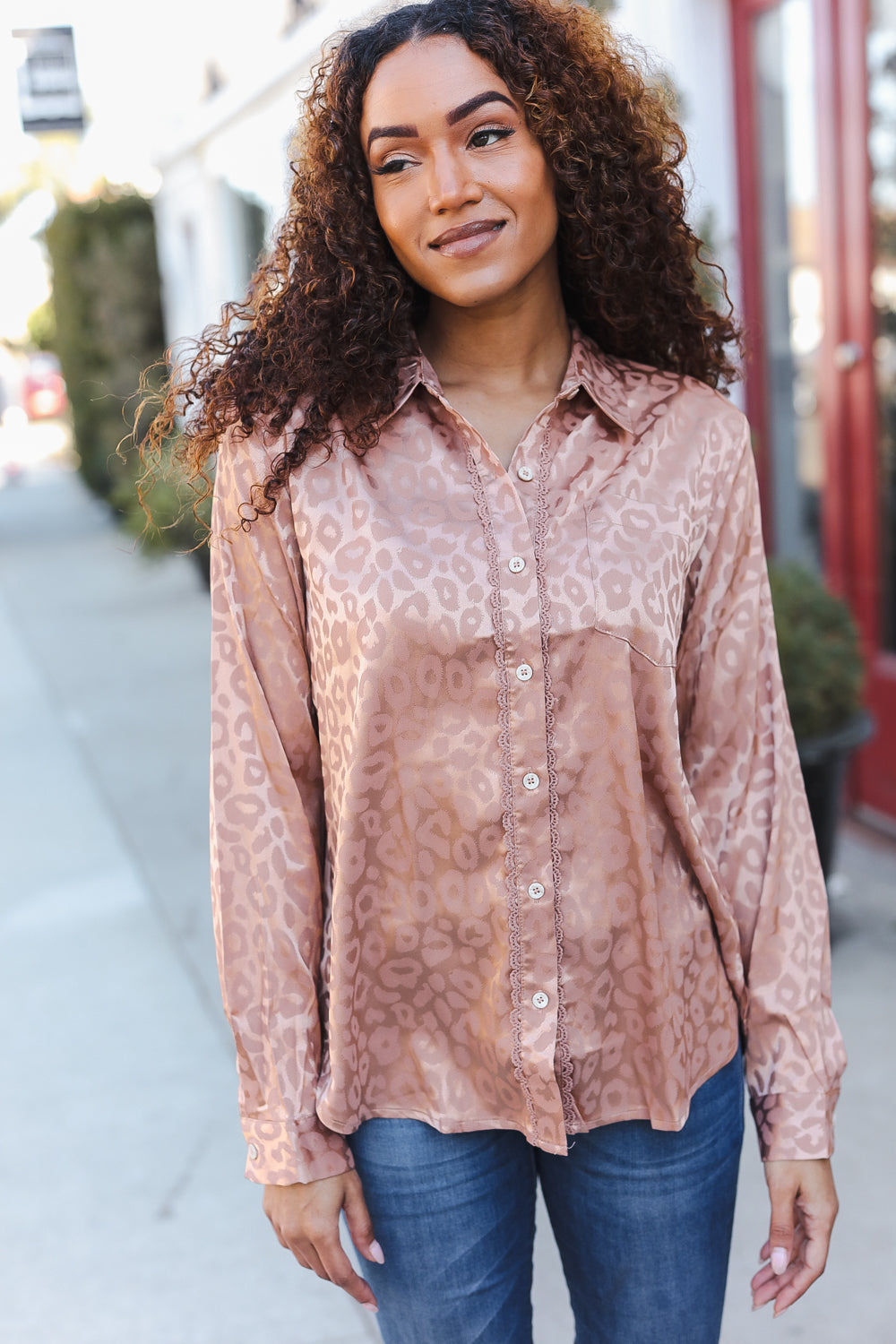 Neude Animal Print Button Down Lace Shirt Top