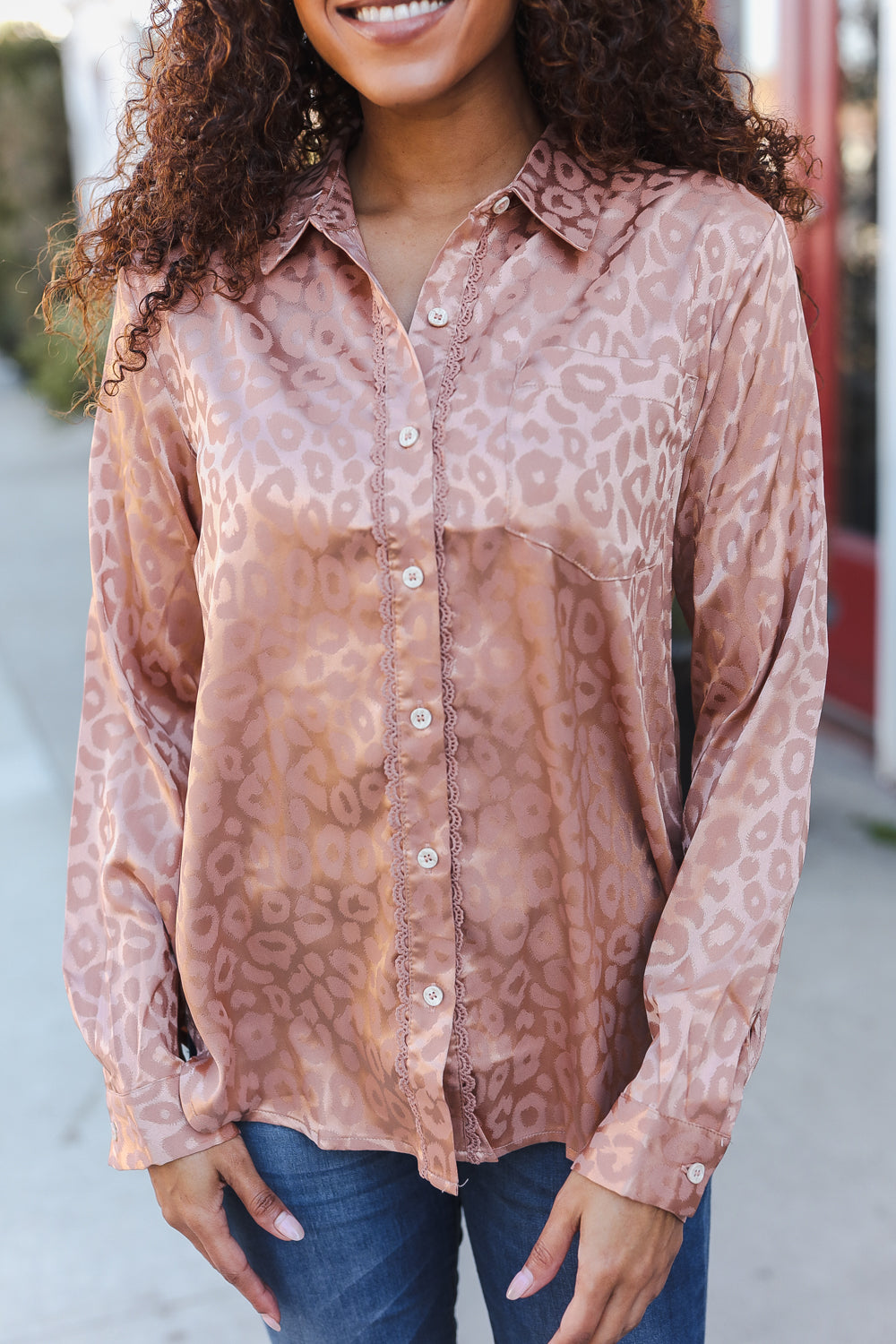 Neude Animal Print Button Down Lace Shirt Top