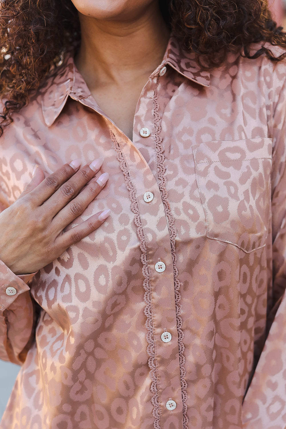 Neude Animal Print Button Down Lace Shirt Top