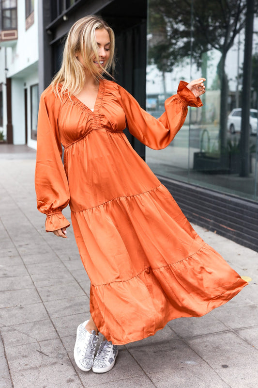 Haptics Rust Elastic V Neck Tiered Satin Maxi Dress