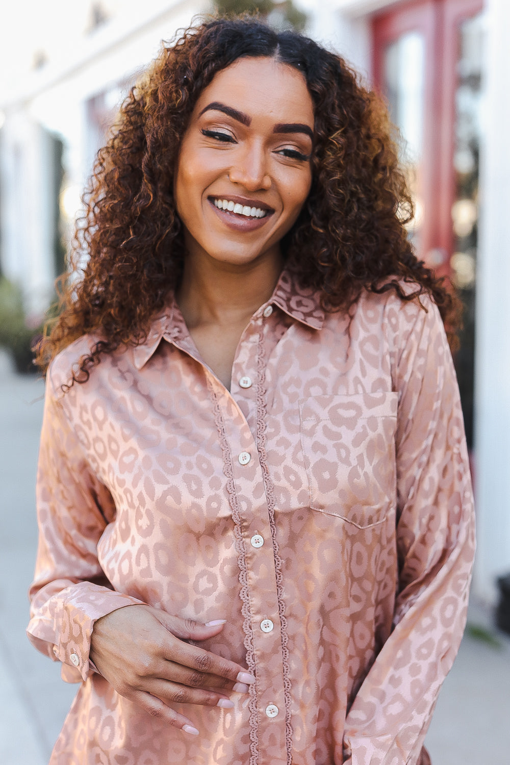 Neude Animal Print Button Down Lace Shirt Top