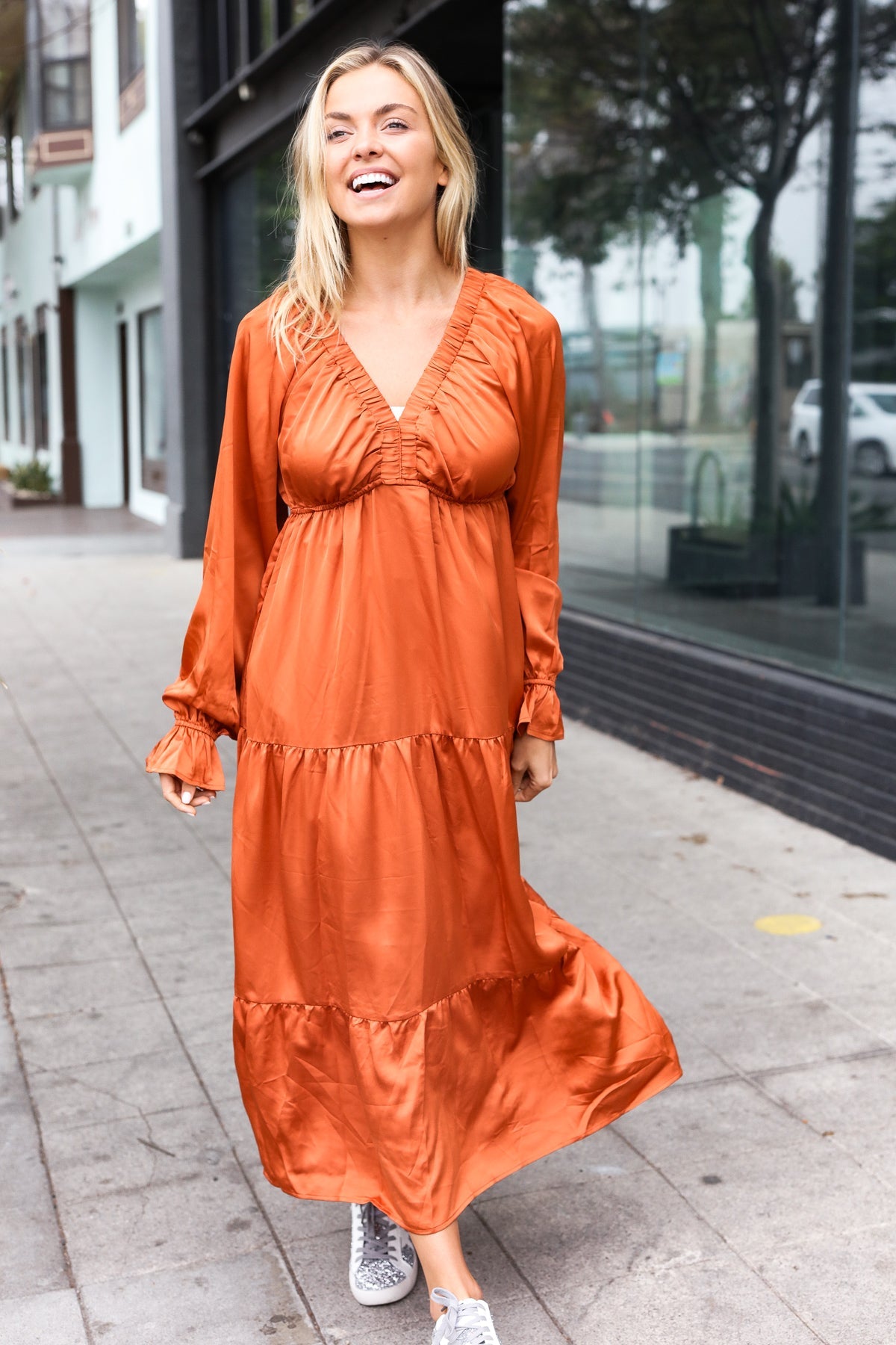 Haptics Rust Elastic V Neck Tiered Satin Maxi Dress