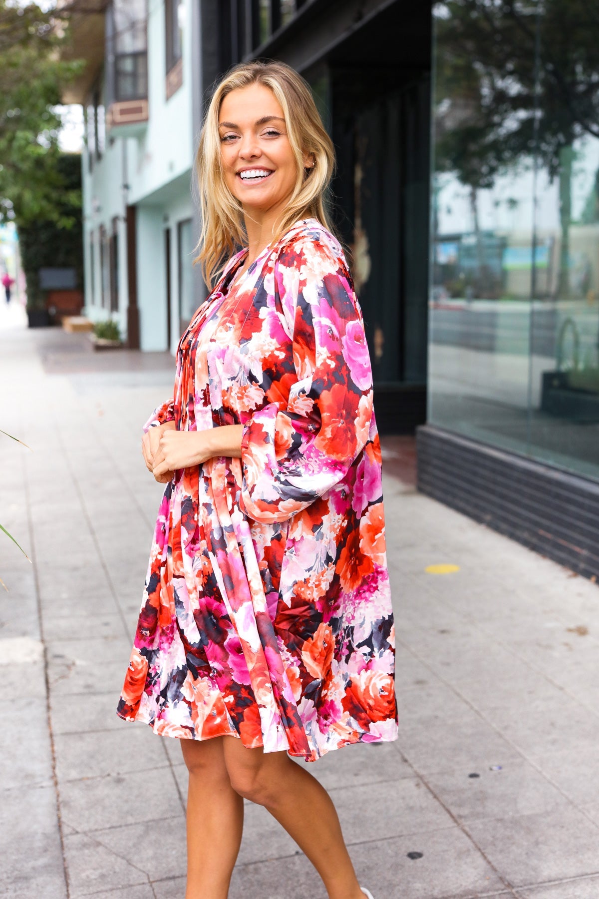 Haptics Coral & Charcoal Floral Tie Neck Pintuck Satin Dress