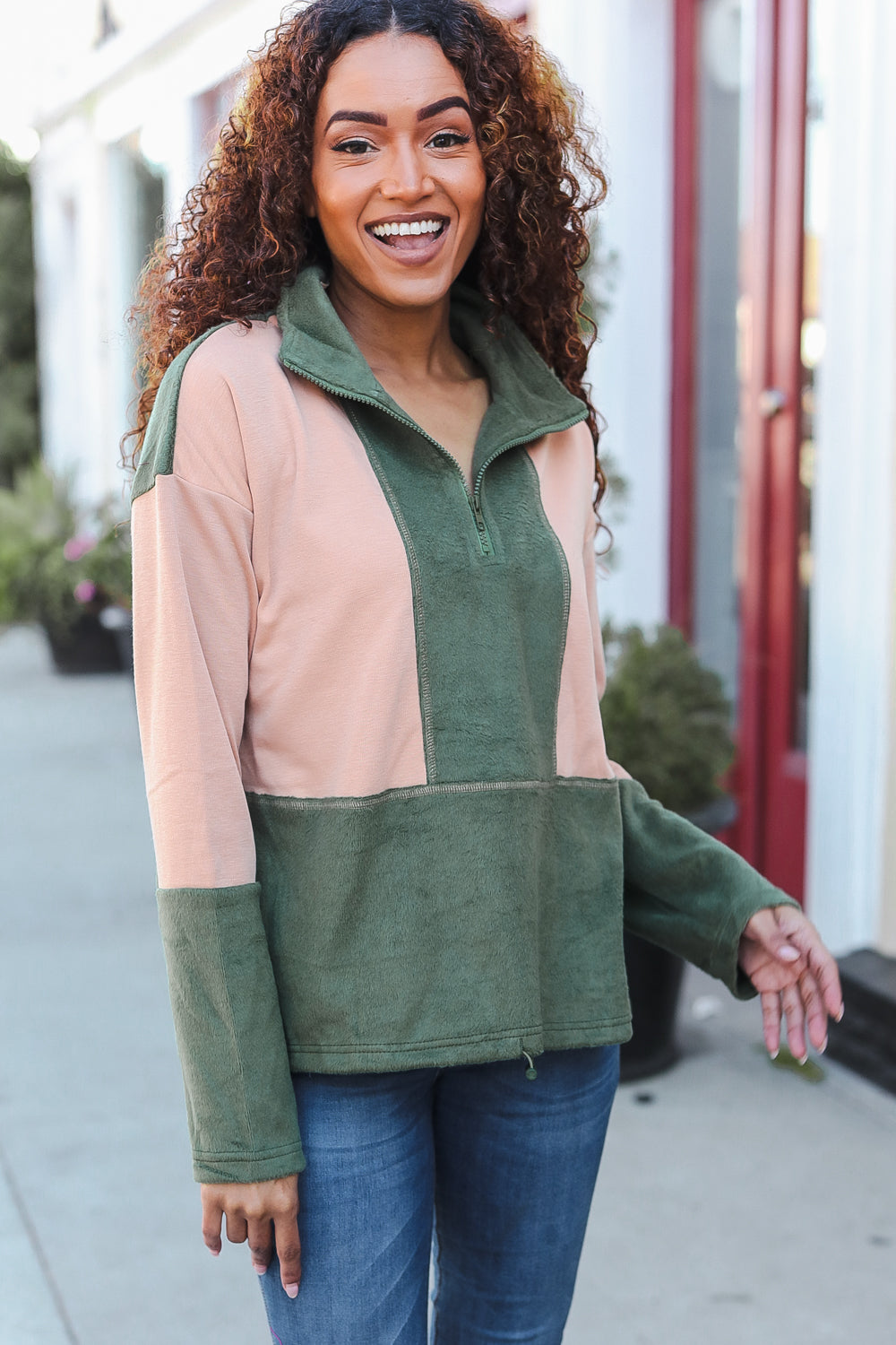 Taupe/Green Fleece Zip Up Cinched Hem Pullover