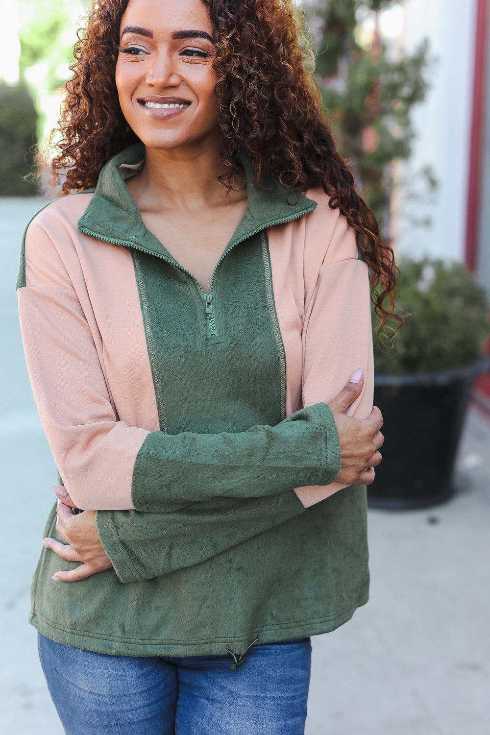 Taupe/Green Fleece Zip Up Cinched Hem Pullover