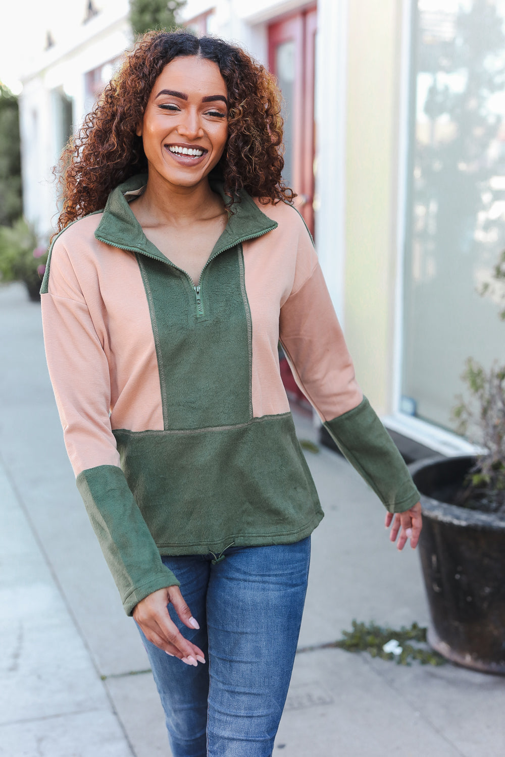 Taupe/Green Fleece Zip Up Cinched Hem Pullover