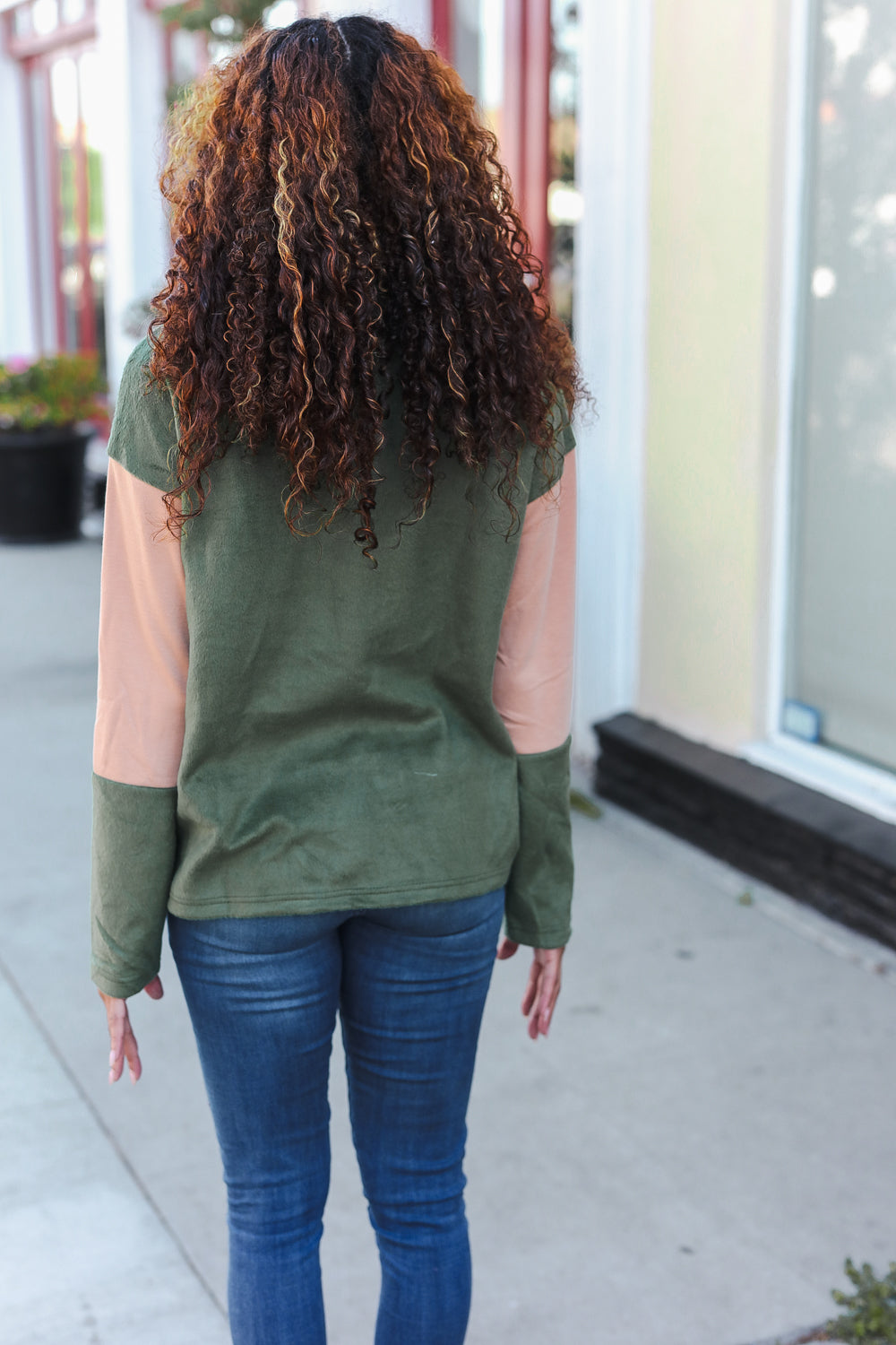 Taupe/Green Fleece Zip Up Cinched Hem Pullover