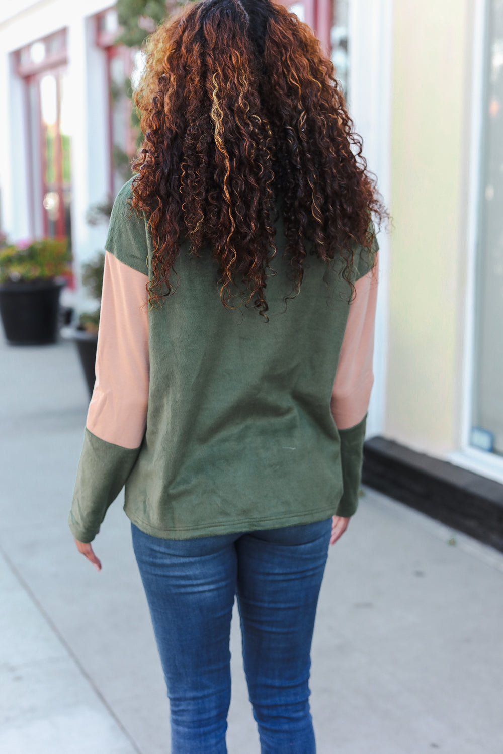 Taupe/Green Fleece Zip Up Cinched Hem Pullover