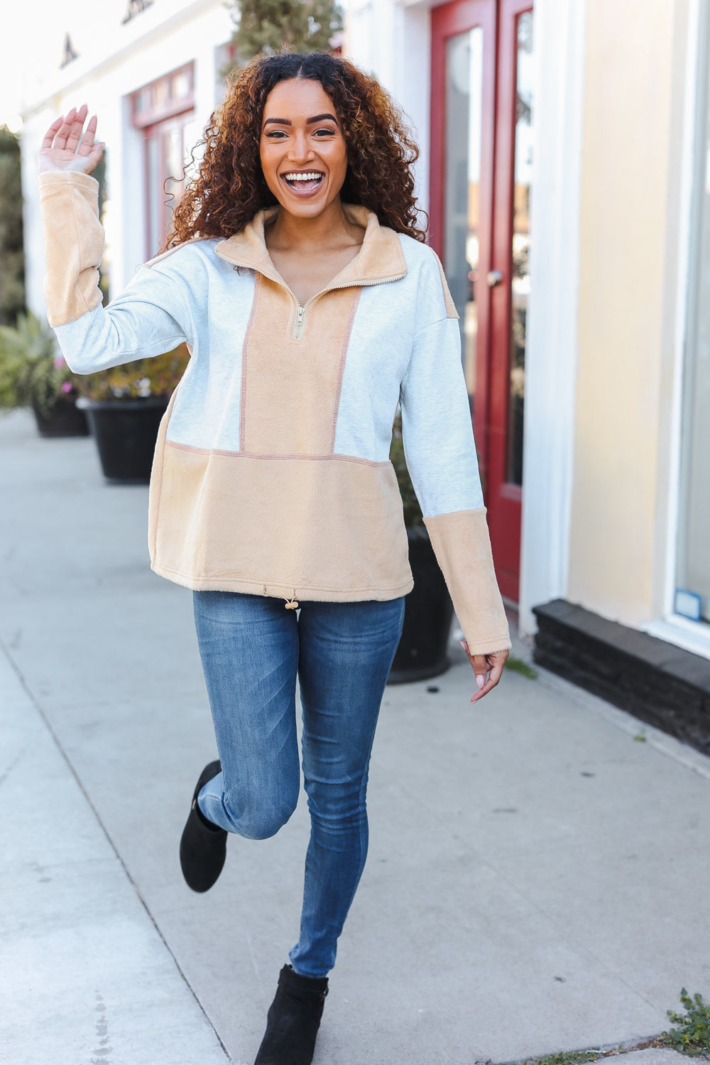 Grey/Beige Fleece Zip Up Cinched Hem Pullover