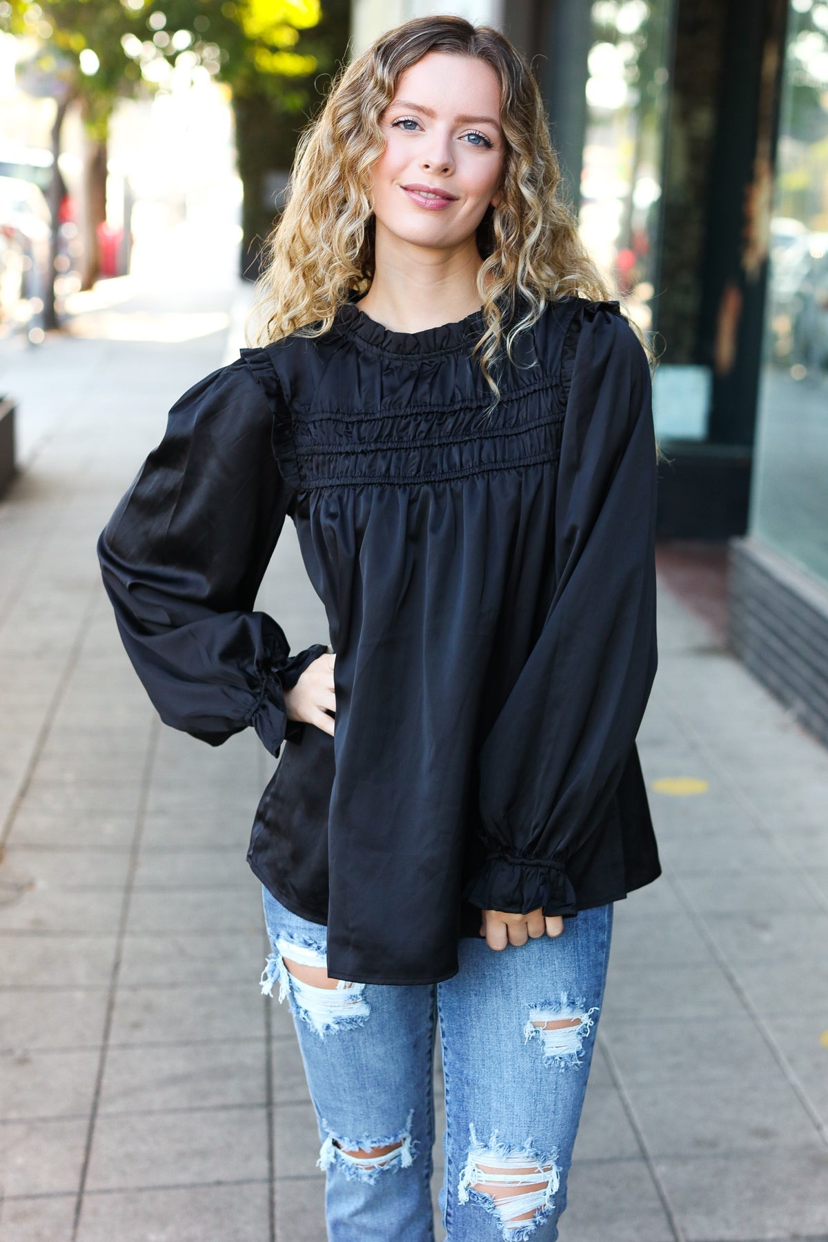 Haptics Black Satin Shirred Yoke Frilled Mock Neck Top