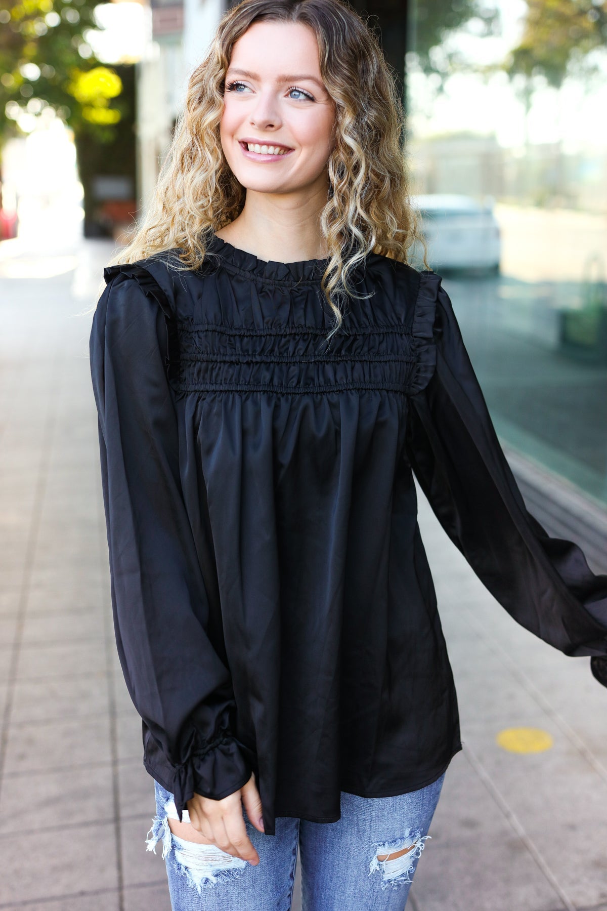 Haptics Black Satin Shirred Yoke Frilled Mock Neck Top