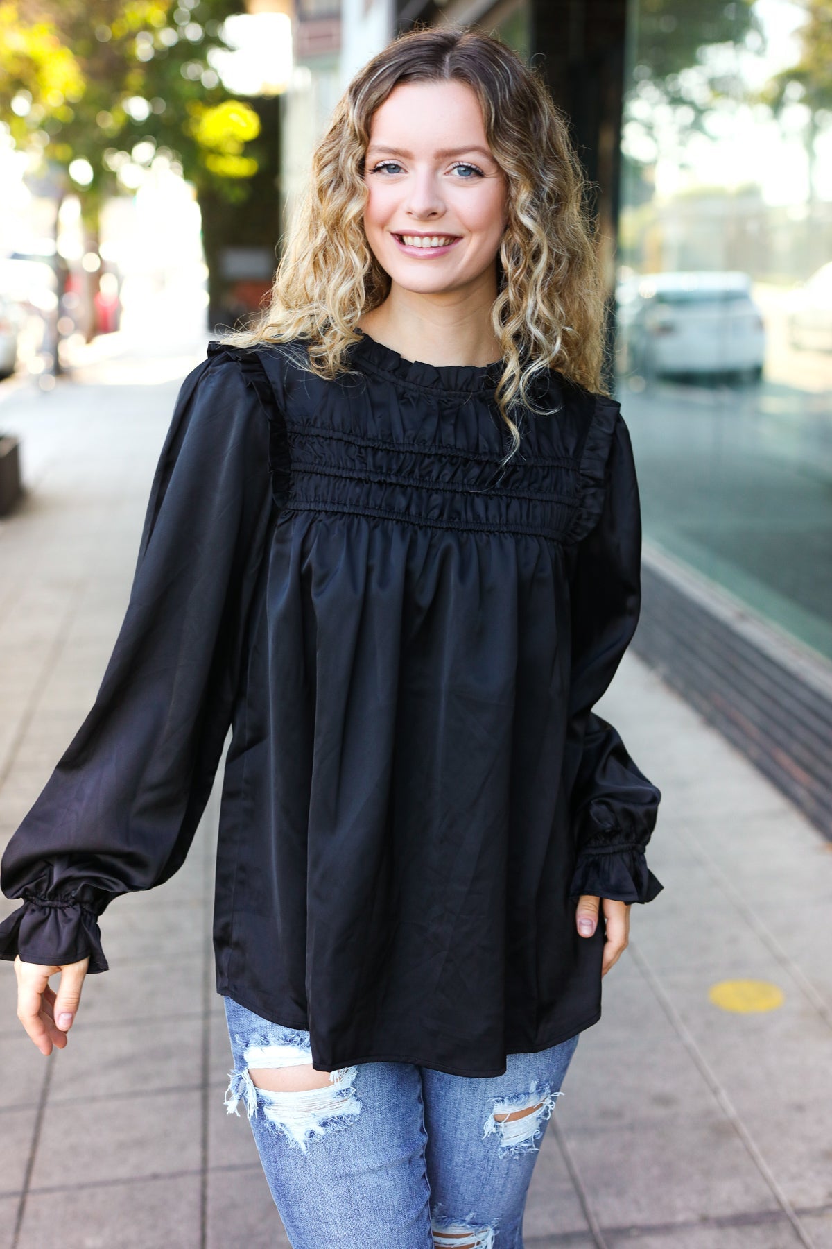 Haptics Black Satin Shirred Yoke Frilled Mock Neck Top