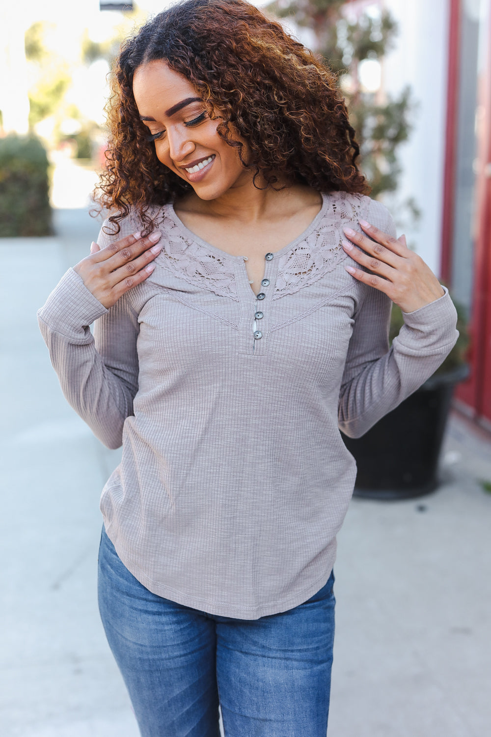 Taupe Cotton Blend Rib Crochet Button Down Pullover