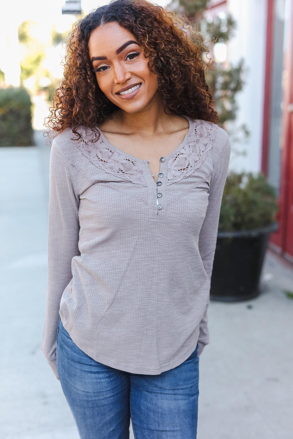 Taupe Cotton Blend Rib Crochet Button Down Pullover