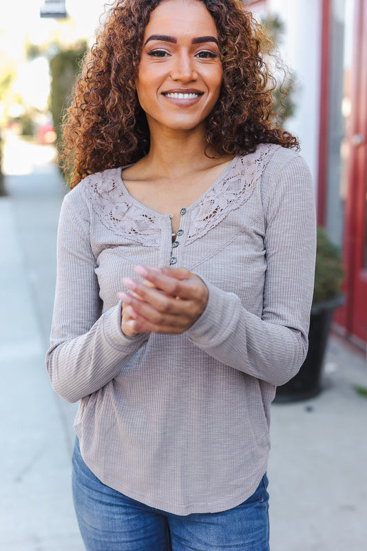 Taupe Cotton Blend Rib Crochet Button Down Pullover